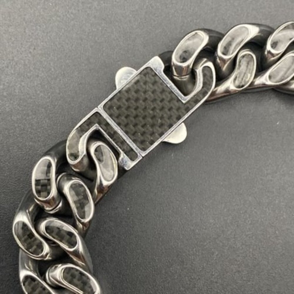 Stainless Steel Bracelet Black Carbon Fiber-Style Miami Curb Link Cuban Hip Hop - Picture 4 of 5